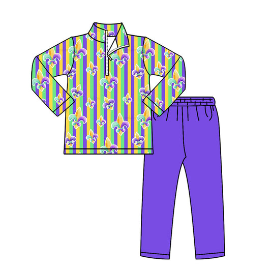 ( Moq 5 ) Preorder Baby Girls Long Sleeves Anchors Zipper Stripes Shirt Purple Pants Mardi Gras Set