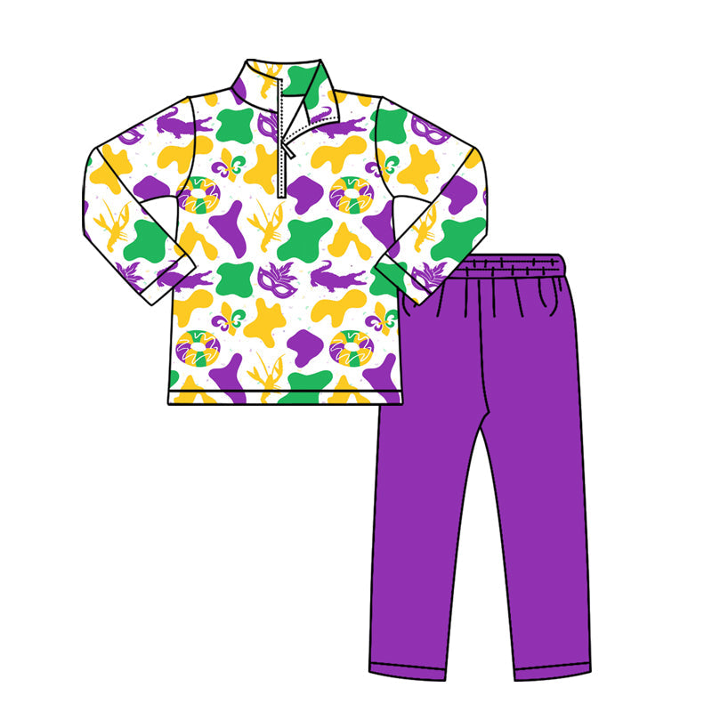 ( Moq 5 ) Preorder Baby Girls Long Sleeves Crayfish Donuts Camo Zipper Shirt Purple Pants Mardi Gras Set