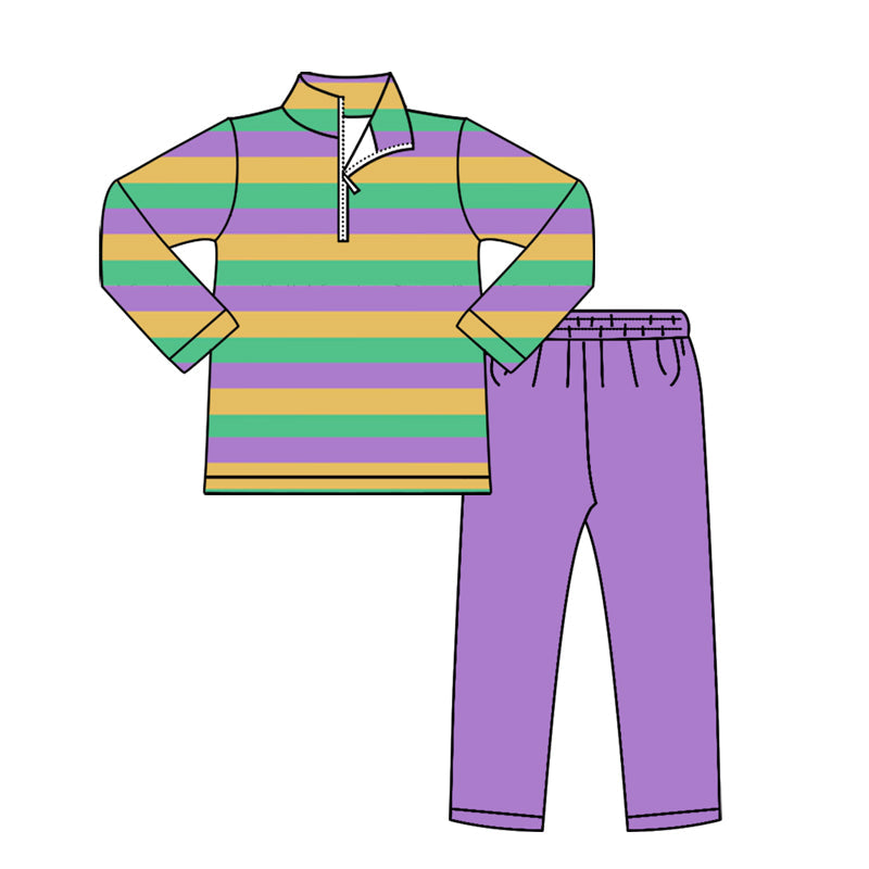 ( Moq 5 ) Preorder Baby Girls Long Sleeves Stripes Zipper Shirt Purple Pants Mardi Gras Set
