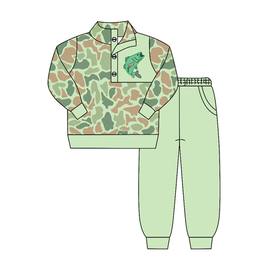 ( Moq 5 ) Preorder Baby Boys Kids Long Sleeves Fish Camo Buttons Shirt Pockets Green Pants Set Clothes