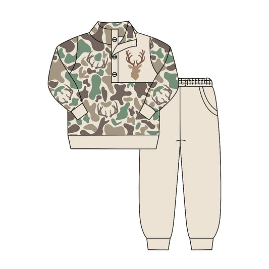 ( Moq 5 ) Preorder Baby Boys Kids Long Sleeves Deer Camo Buttons Shirt Pockets Pants Set Clothes