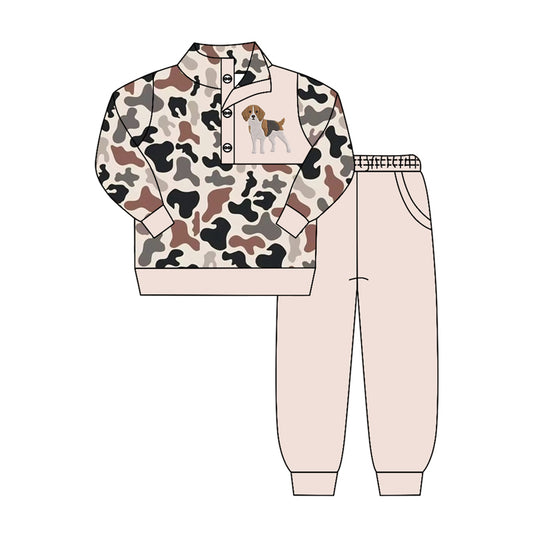 ( Moq 5 ) Preorder Baby Boys Kids Long Sleeves Dog Camo Buttons Shirt Pockets Pants Set Clothes