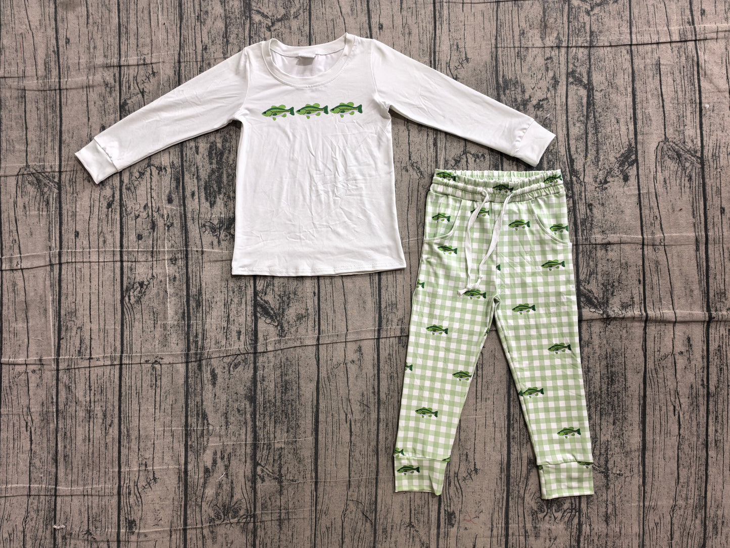 ( No moq ) Preorder Baby Boys Kids Long Sleeves Fish Shirt Pockets Plaid Pants Set Clothes