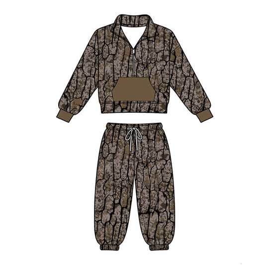 ( Moq 5 ) Preorder Baby Boys Long Sleeves Zipper Pocket Shirt Jogger Pants Camo Set Clothes