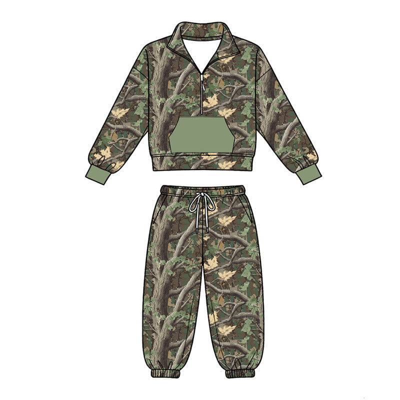 ( Moq 5 ) Preorder Baby Boys Long Sleeves Camo Zipper Green Pocket Shirt Jogger Pants Set Clothes
