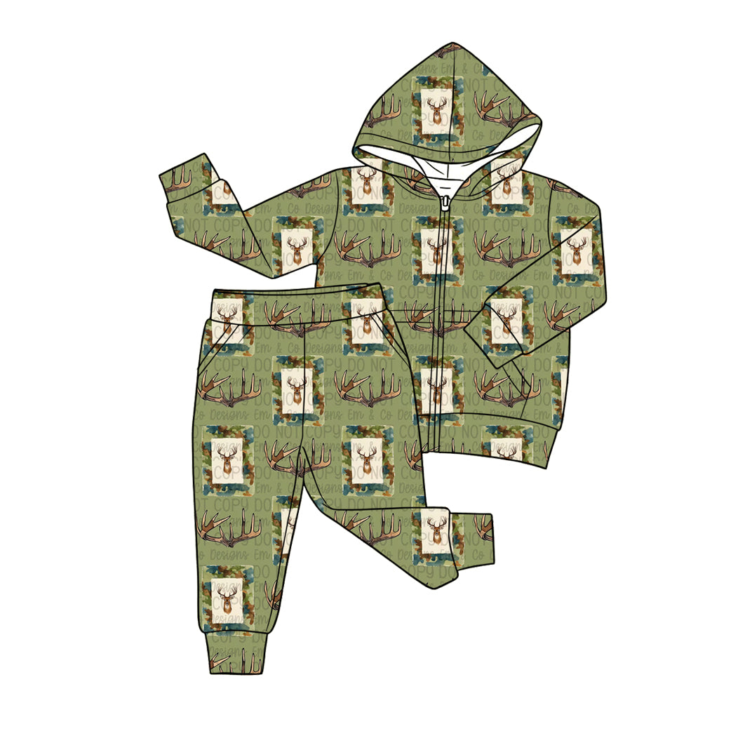 ( Moq 5 ) Preorder Baby Boys Kids Pockets Zipper Hoodie Green Tops Deer Jogger Pants Set Hunting Clothes
