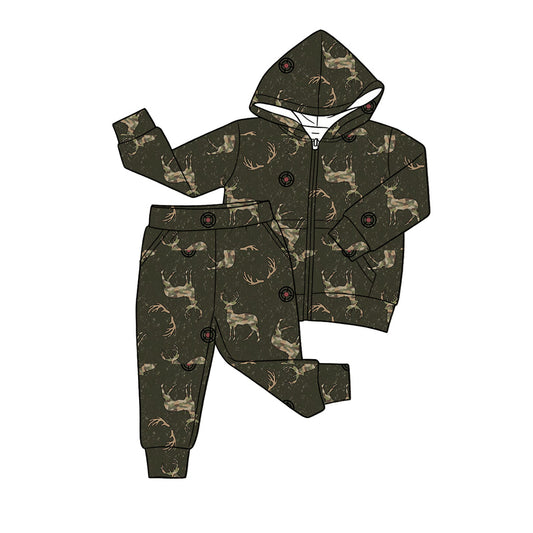( Moq 5 ) Preorder Baby Boys Kids Pockets Zipper Hoodie Tops Deer Jogger Pants Set Hunting Clothes