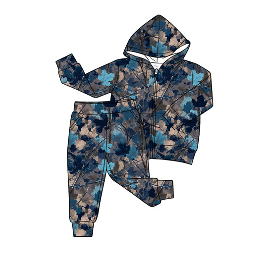 ( Moq 5 ) Preorder Baby Boys Kids Pockets Zipper Hoodie Tops Leaves Jogger Pants Set Hunting Clothes