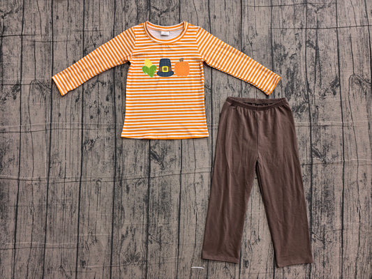 ( No moq ) Preorder Baby Boys Kids Embroidery Pumpkin Stripes Shirt Pants Set Fall Clothes