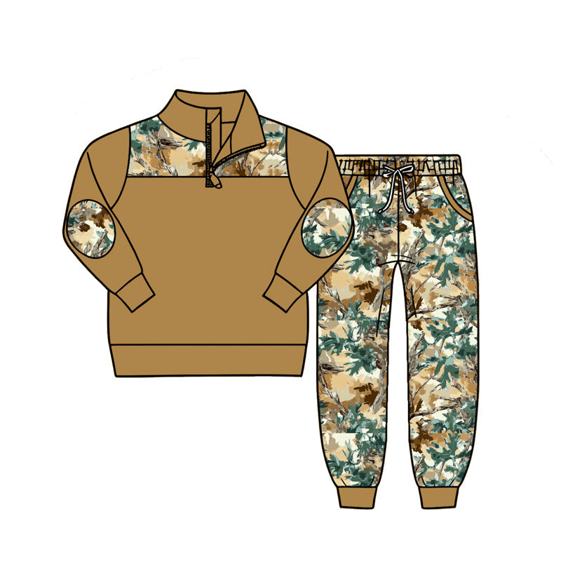 ( Moq 5 ) Preorder Baby Boys Kids Long Sleeve Zipper Pullover Leaves Pockets Jogger Camo Set Clothes
