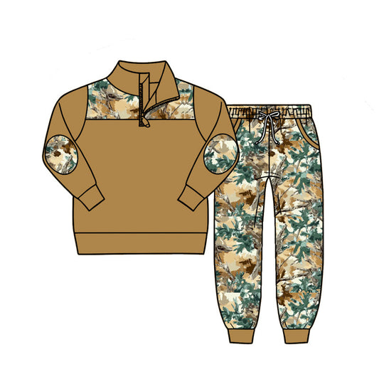 ( Moq 5 ) Preorder Baby Boys Kids Long Sleeve Zipper Pullover Leaves Pockets Jogger Camo Set Clothes