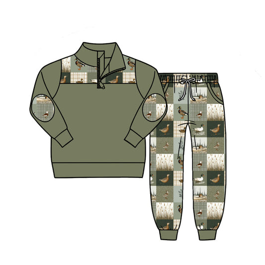 ( Moq 5 ) Preorder Baby Boys Kids Long Sleeve Zipper Pullover Ducks Plaid Pockets Jogger Set Clothes
