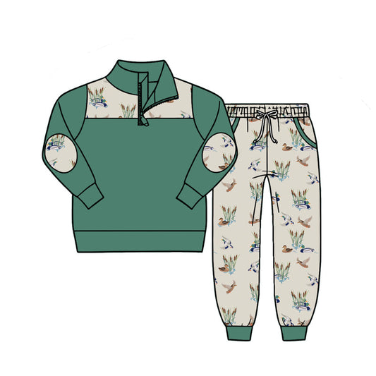 ( Moq 5 ) Preorder Baby Boys Kids Green Long Sleeve Zipper Pullover Ducks Pockets Jogger Set Clothes