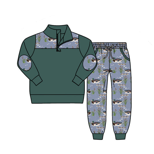 ( Moq 5 ) Preorder Baby Boys Kids Long Sleeve Zipper Pullover Shirt Ducks Pockets Jogger Set Clothes