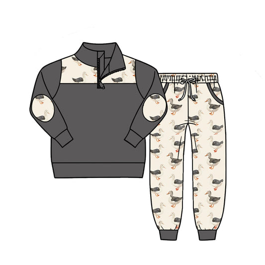 ( Moq 5 ) Preorder Baby Boys Kids Long Sleeve Zipper Shirt Ducks Pockets Jogger Set Clothes