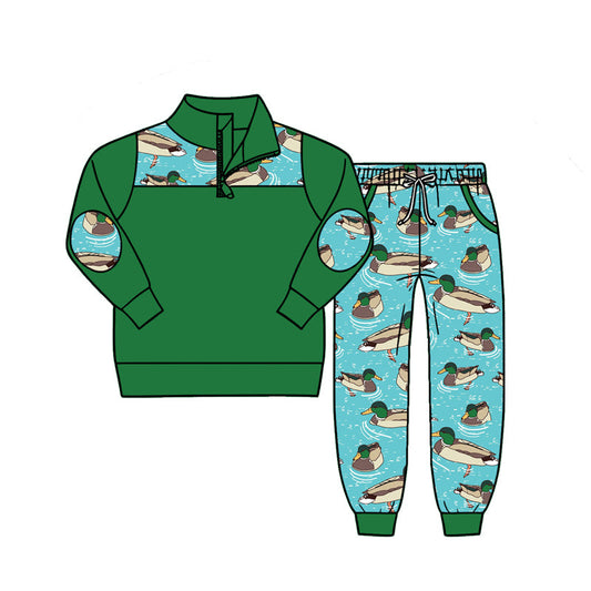 ( Moq 5 ) Preorder Baby Boys Kids Long Sleeve Zipper Green Pullover Ducks Pockets Jogger Set Clothes