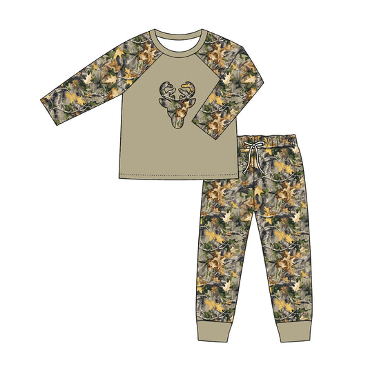 ( Moq 5 ) Preorder Baby Boys Kids Long Sleeves Deer Leaves Shirt Camo Pants Set Clothes