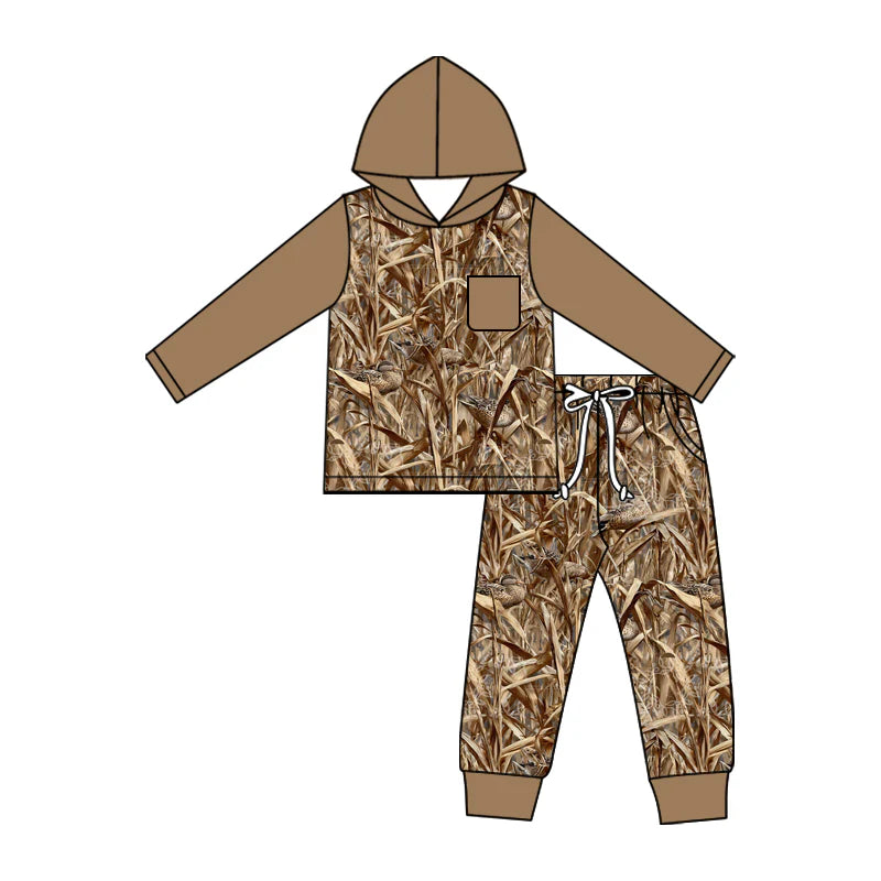 ( Moq 5 ) Preorder Baby Boys Kids Long Sleeves Hoodie Camo Shirt Pockets Pants Ducks Set Clothes