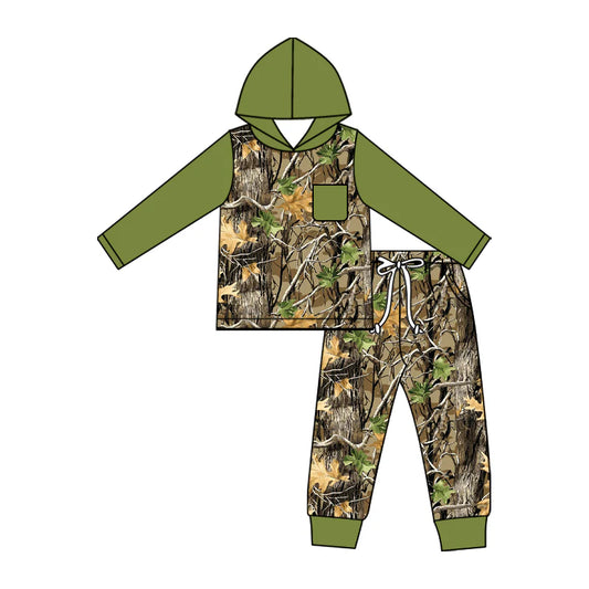 ( Moq 5 ) Preorder Baby Boys Kids Green Long Sleeves Leaves Hoodie Shirt  Pockets Pants Set Clothes