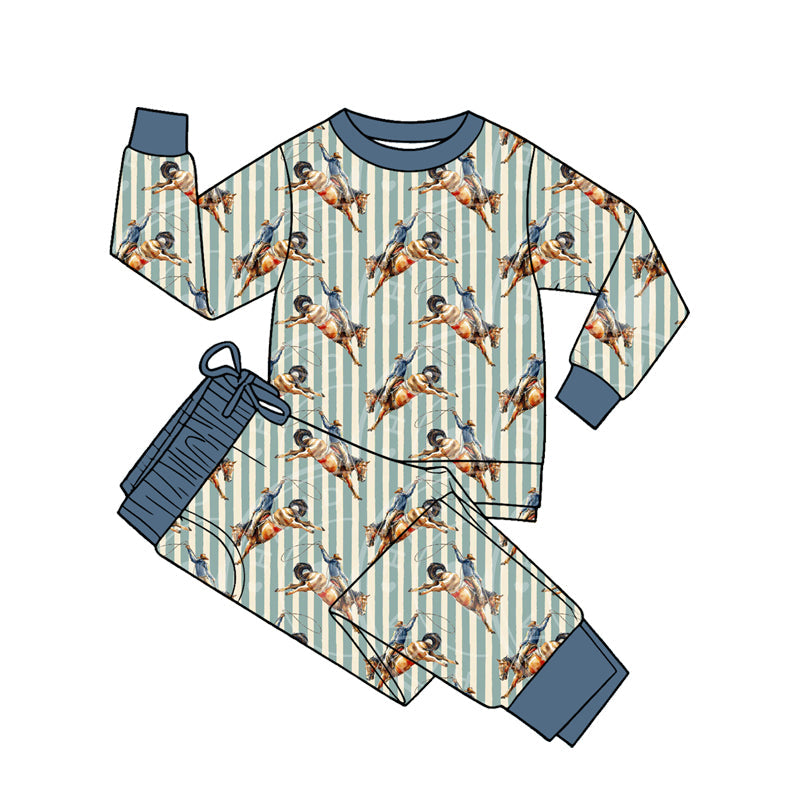 ( Moq 5 ) Preorder Baby Boys Kids Long Sleeves Rodeo Stripes Shirt Pants Western Pajamas Set