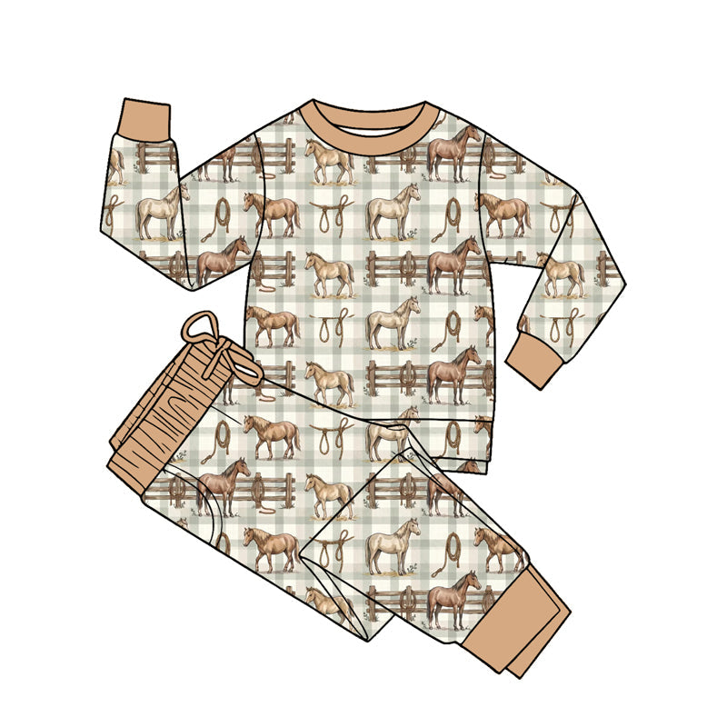 ( Moq 5 ) Preorder Baby Boys Kids Long Sleeves Horse Shirt Pants Pajamas Set Clothes