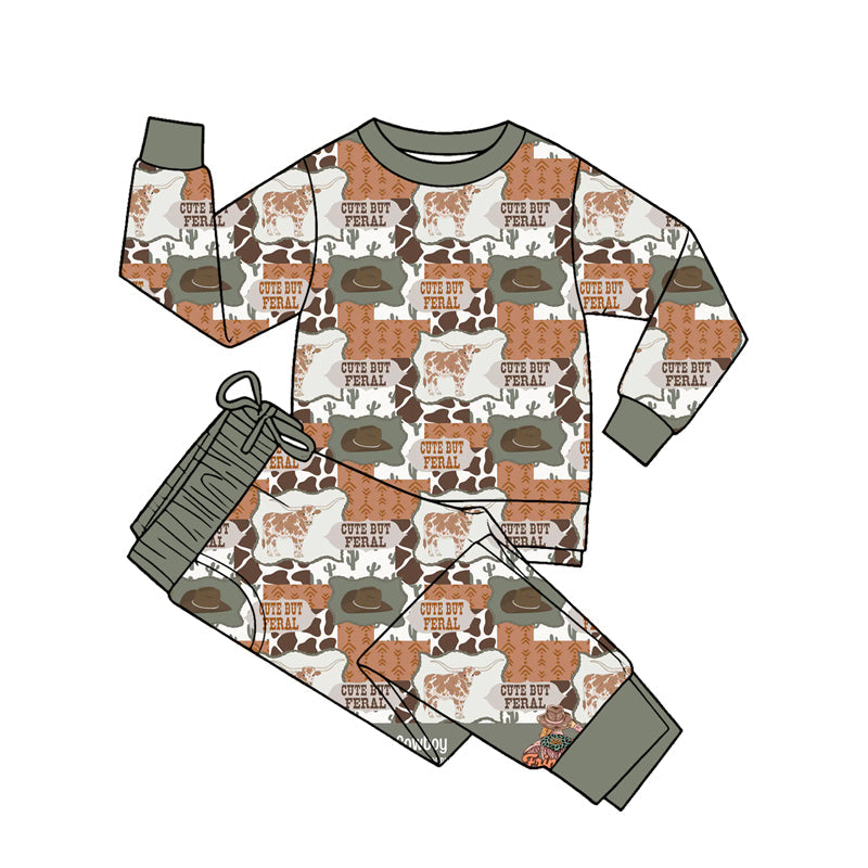 ( Moq 5 ) Preorder Baby Boys Kids Long Sleeves Western Cow Hats Shirt Pants Pajamas Set Clothes