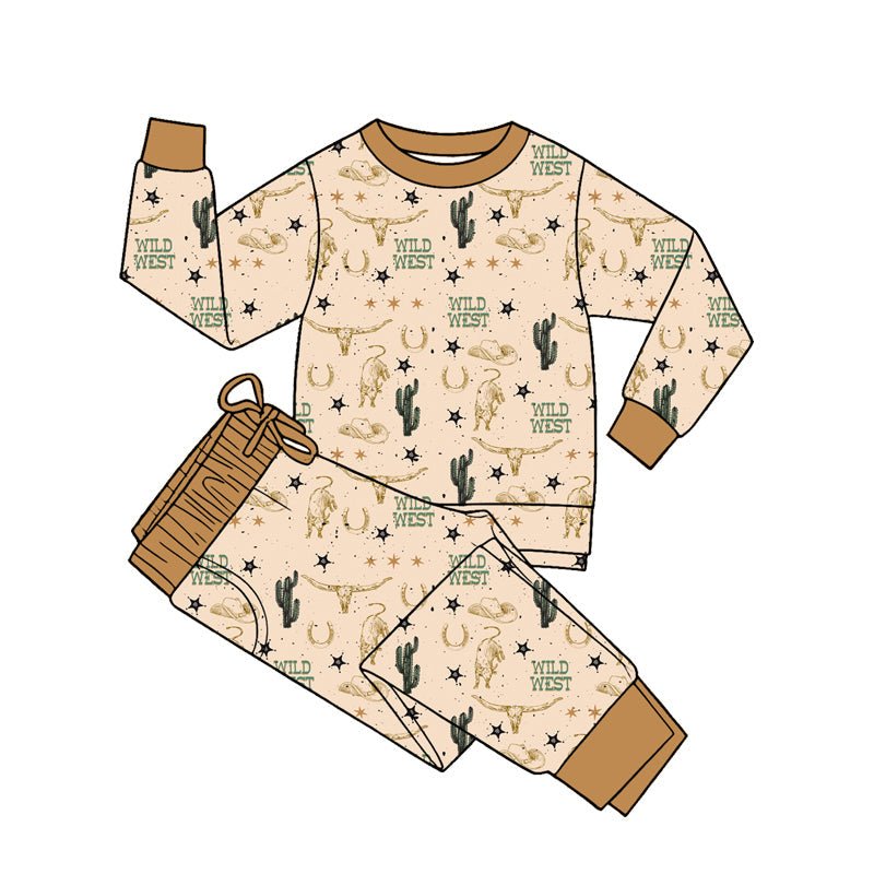 ( Moq 5 ) Preorder Baby Boys Kids Long Sleeves Cow Cactus Shirt Pants Western Pajamas Set Clothes