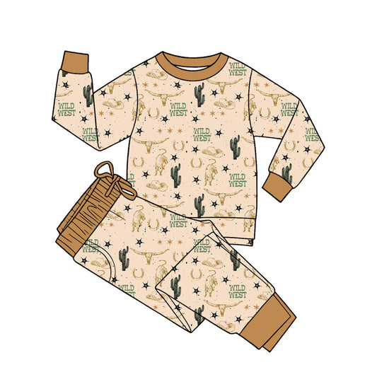 ( Moq 5 ) Preorder Baby Boys Kids Long Sleeves Cow Cactus Shirt Pants Western Pajamas Set Clothes