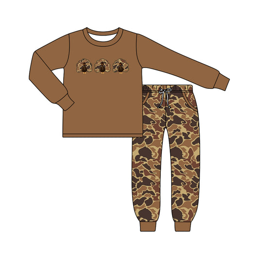 ( Moq 5 ) Preorder Baby Boys Kids Camo turkey Brown Shirt Pockets Jogger Pants Fall Set