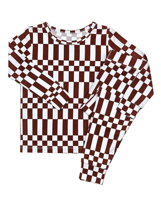 ( Moq 5 ) Preorder Baby Boys Kids Long Sleeves Brown White Plaid Shirt Pants Set Pajamas Clothes