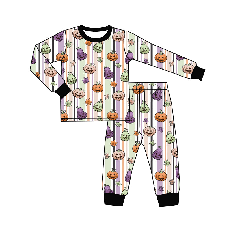 ( Moq 5 ) Preorder Baby Kids Long Sleeves Halloween Pumpkins Stripes Shirt Pants Pajamas Set Clothes