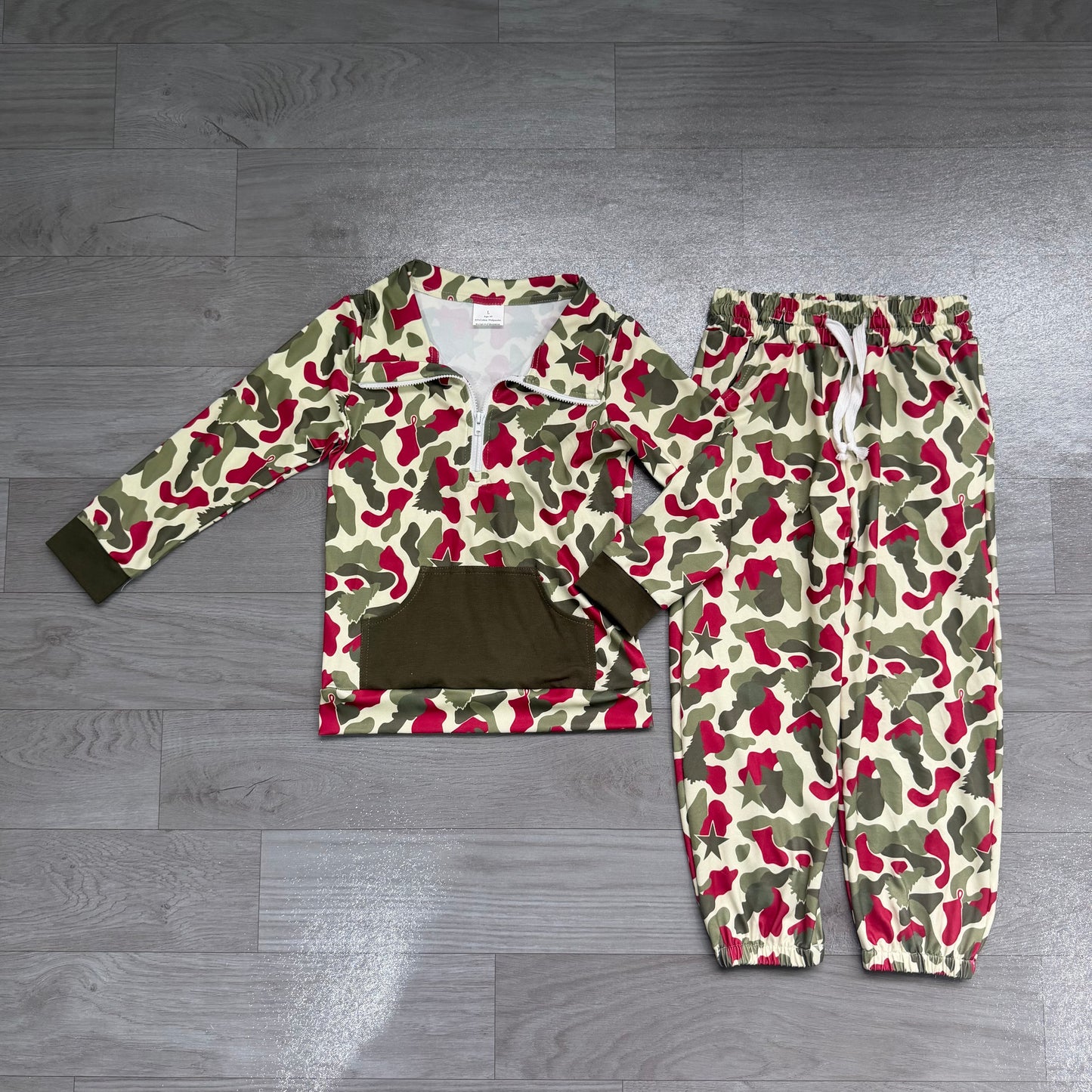 ( No moq ) Preorder Baby Boys Kids Christmas Tree Camo Zipper Shirt Pockets Pants Clothes Set