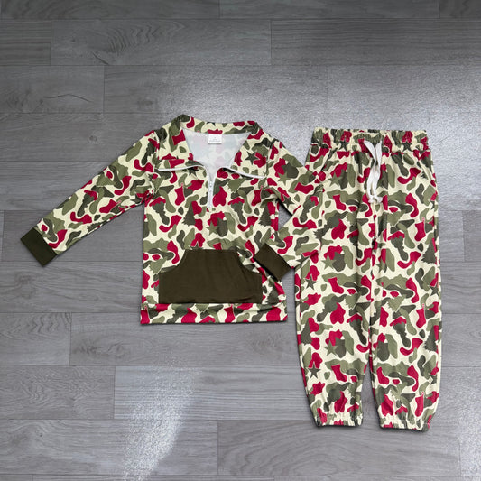 ( No moq ) Preorder Baby Boys Kids Christmas Tree Camo Zipper Shirt Pockets Pants Clothes Set
