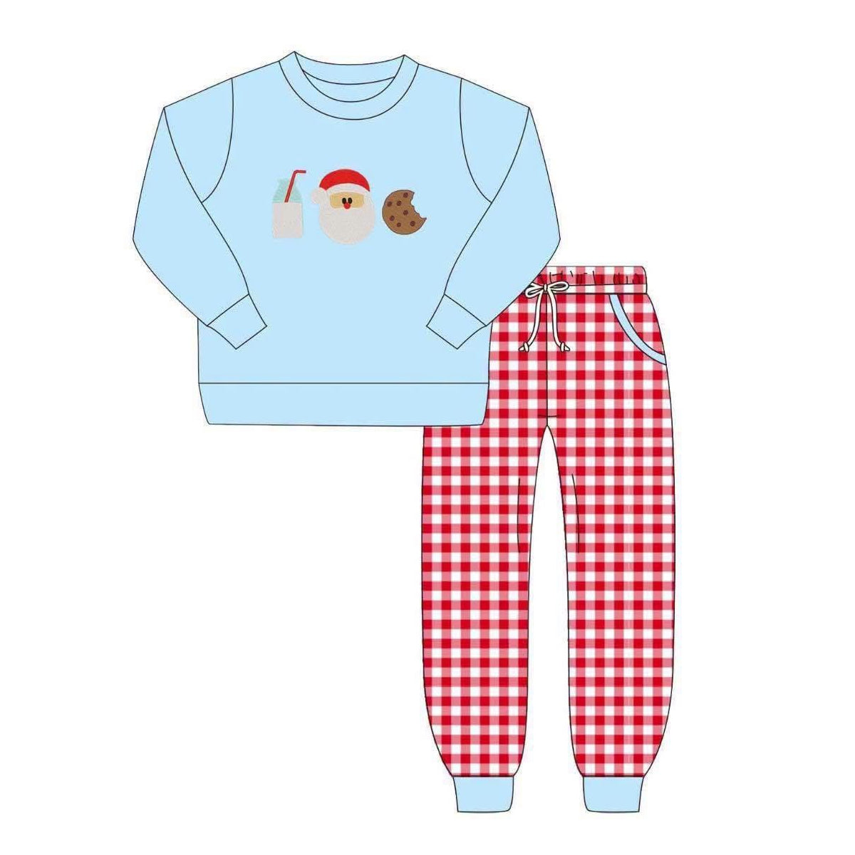 ( Moq 5 ) Preorder Baby Boys Kids Santa Cookie Christmas Blue Shirt Plaid Pockets Pants Set Clothes