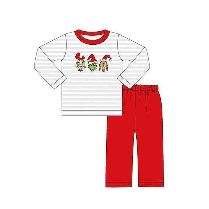 ( Moq 5 ) Preorder Baby Boys Kids Christmas Green Face Stripes Shirt Red Pants Set Clothes