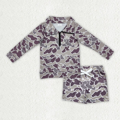 Sibling Baby Boys Kids Long Sleeves Camo Zipper Shirts Pockets Shorts Clothes Sets RTS