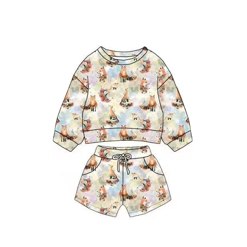 ( Moq 5 ) Preorder Baby Kids Toddler Long Sleeves Foxes Shirt Pockets Shorts Clothes Set