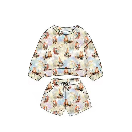 ( Moq 5 ) Preorder Baby Kids Toddler Long Sleeves Foxes Shirt Pockets Shorts Clothes Set