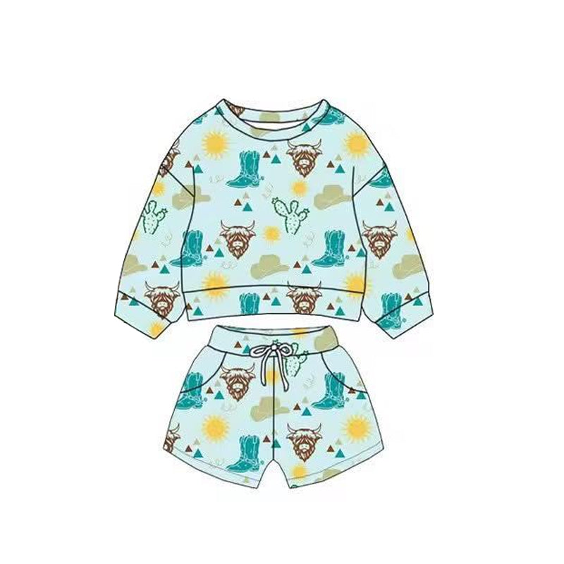( Moq 5 ) Preorder Baby Boys Western Cow Cactus Boots Shirt Pockets Shorts Clothes Set