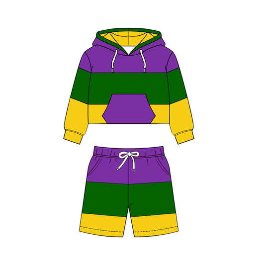 ( Moq 5 ) Preorder Baby Boys Long Sleeves Hoodie Purple Pocket Shirt Shorts Yoga Mardi Gras Set