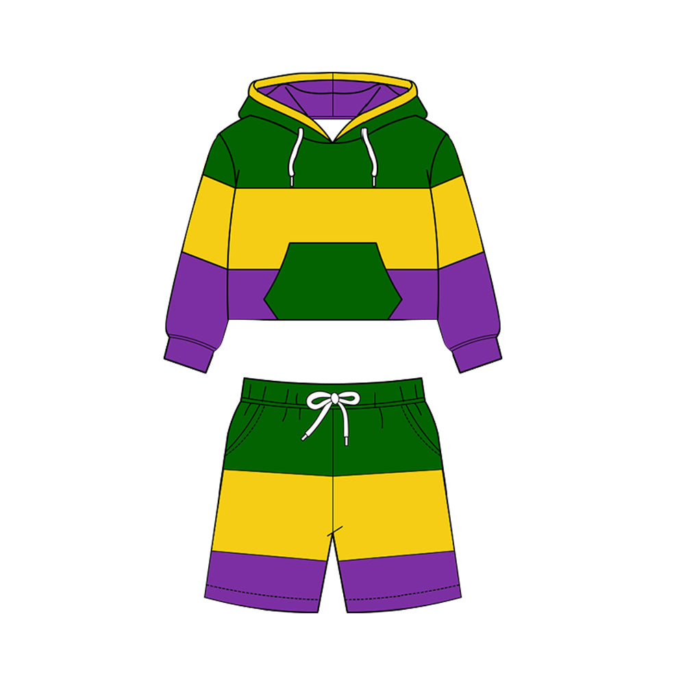 ( Moq 5 ) Preorder Baby Boys Long Sleeves Hoodie Green Pocket Shirt Shorts Yoga Mardi Gras Set