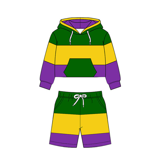 ( Moq 5 ) Preorder Baby Boys Long Sleeves Hoodie Green Pocket Shirt Shorts Yoga Mardi Gras Set
