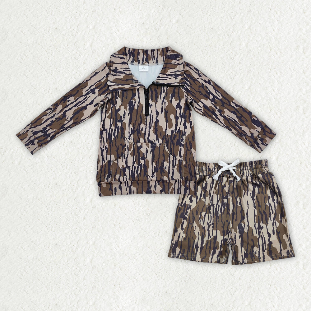 Baby Boys Kids Long Sleeves Olive Camo Zipper Shirt Pockets Shorts Hunting Clothes Set RTS