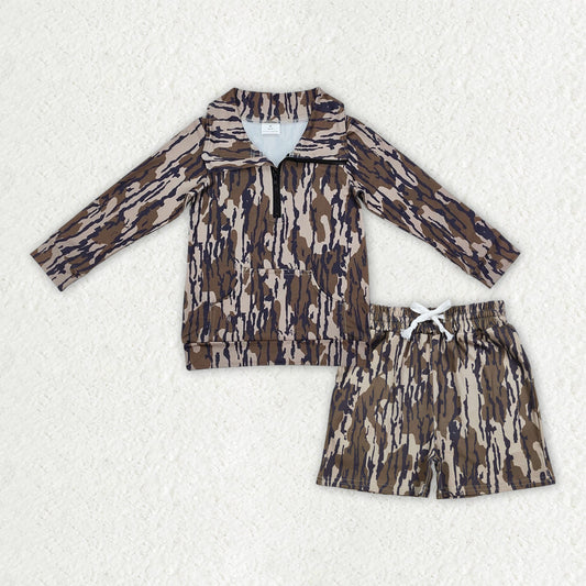 Baby Boys Kids Long Sleeves Olive Camo Zipper Shirt Pockets Shorts Hunting Clothes Set RTS