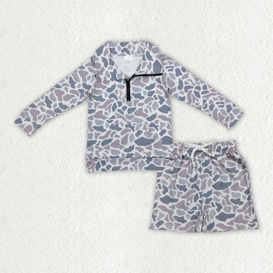 Baby Boys Kids Long Sleeves Grey Camo Zipper Shirt Pockets Shorts Hunting Clothes Set RTS
