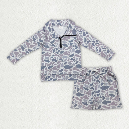 Sibling Baby Boys Kids Long Sleeves Southern Camo Zipper Shirts Pockets Shorts Hunting Clothes Sets RTS