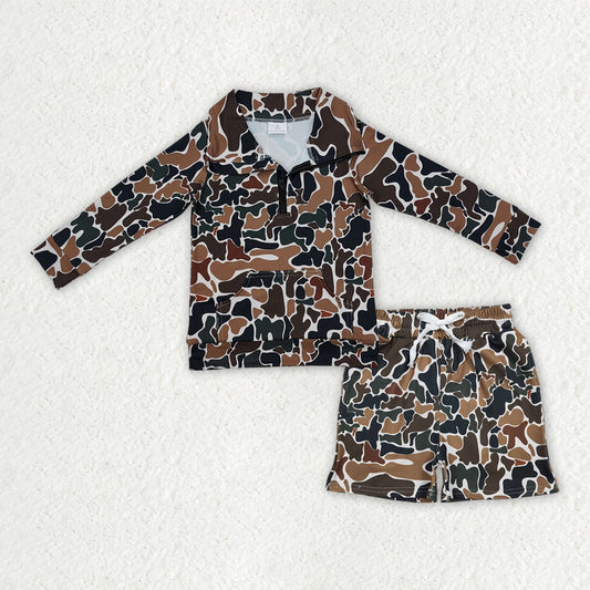 Baby Boys Kids Long Sleeves Brown Green Camo Zipper Shirt Pockets Shorts Hunting Clothes Set RTS