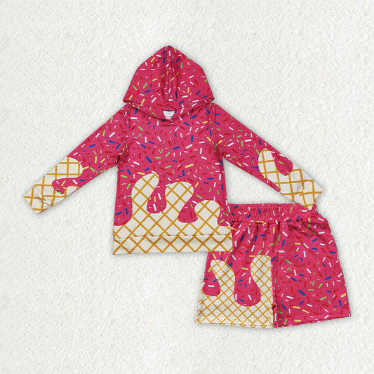 Kids Toddler Long Sleeves Pink Drips Hoodie Team Shirt Pockets Shorts Set RTS