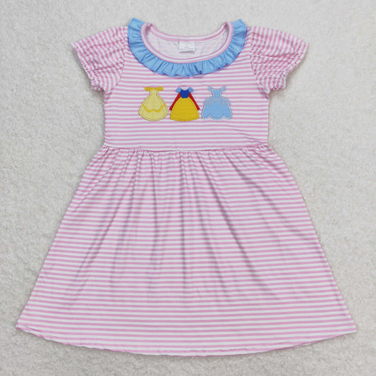 Baby Girl Short Sleeves Embroidery Princess Stripes Pink Dress