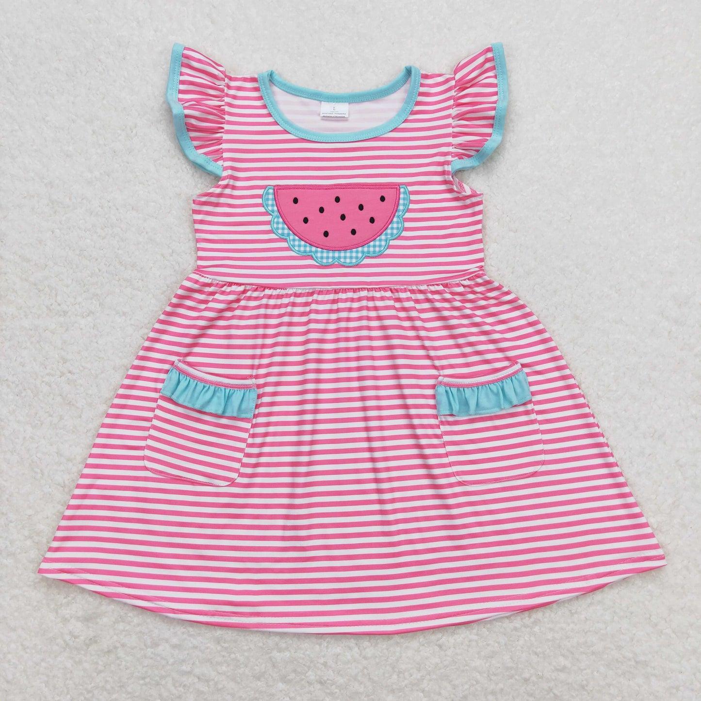 Baby Girl Short Sleeves Embroidery Watermelon Pocket Pink Stripes Dress
